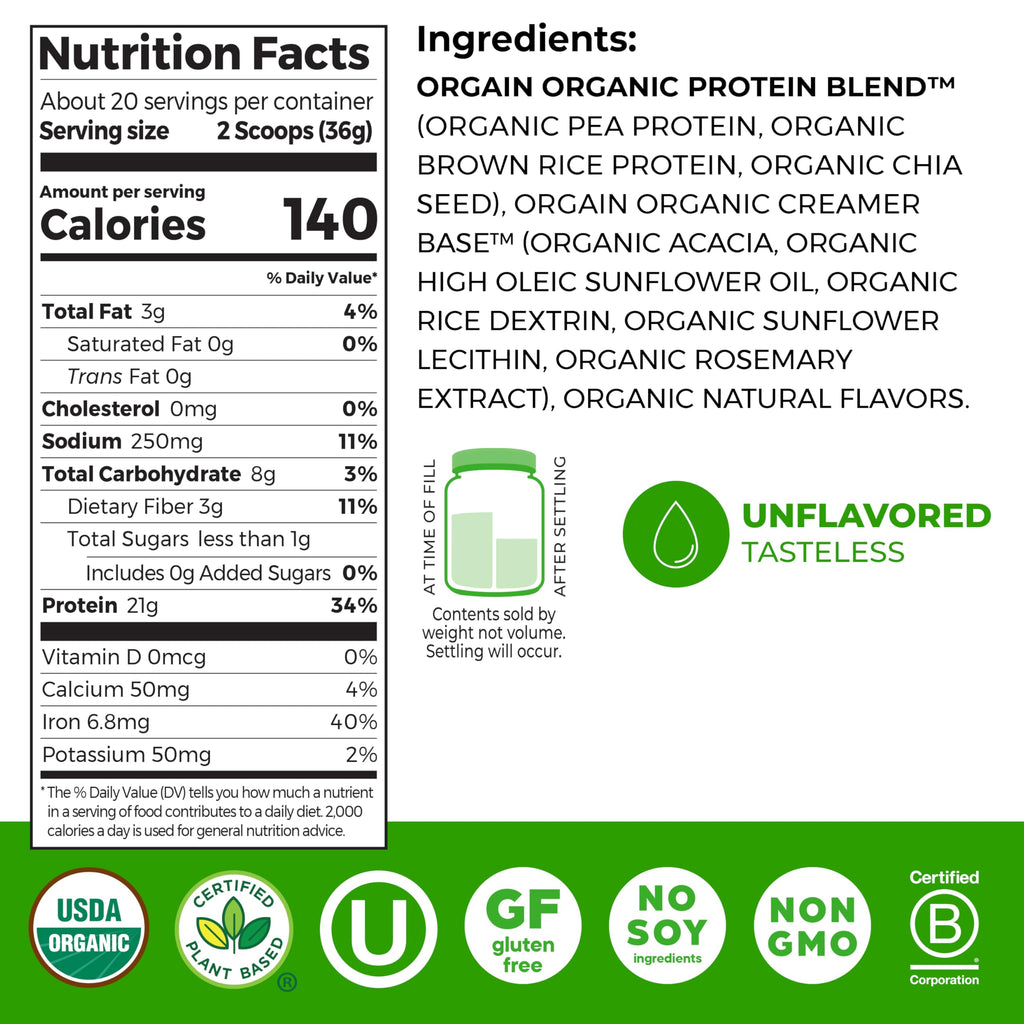 Organic Vegan Protein Powder, Natural Unsweetened, 1.59 lb T4749
