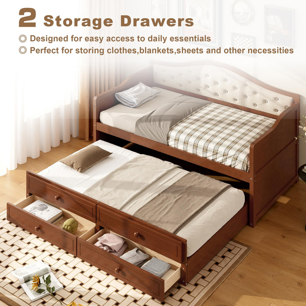 Twin Size Wooden Daybed with Trundle & Storage Drawers U19792