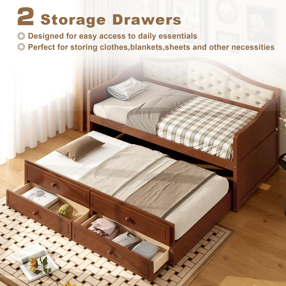 Twin Size Wooden Daybed with Trundle & Storage Drawers U19792