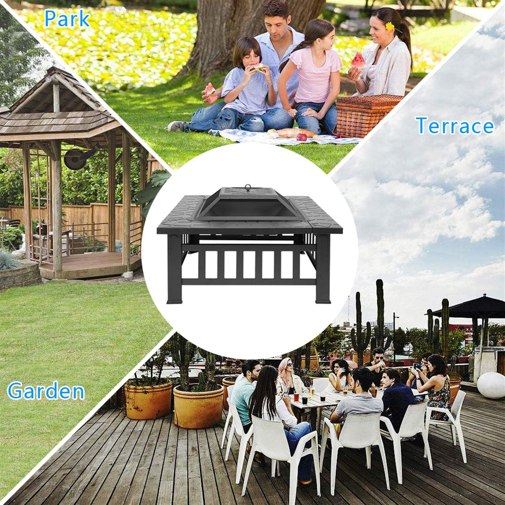 Black 32" Wood Burning Fire Pit Table with Grate, Poker and Spark Screen Cover V376