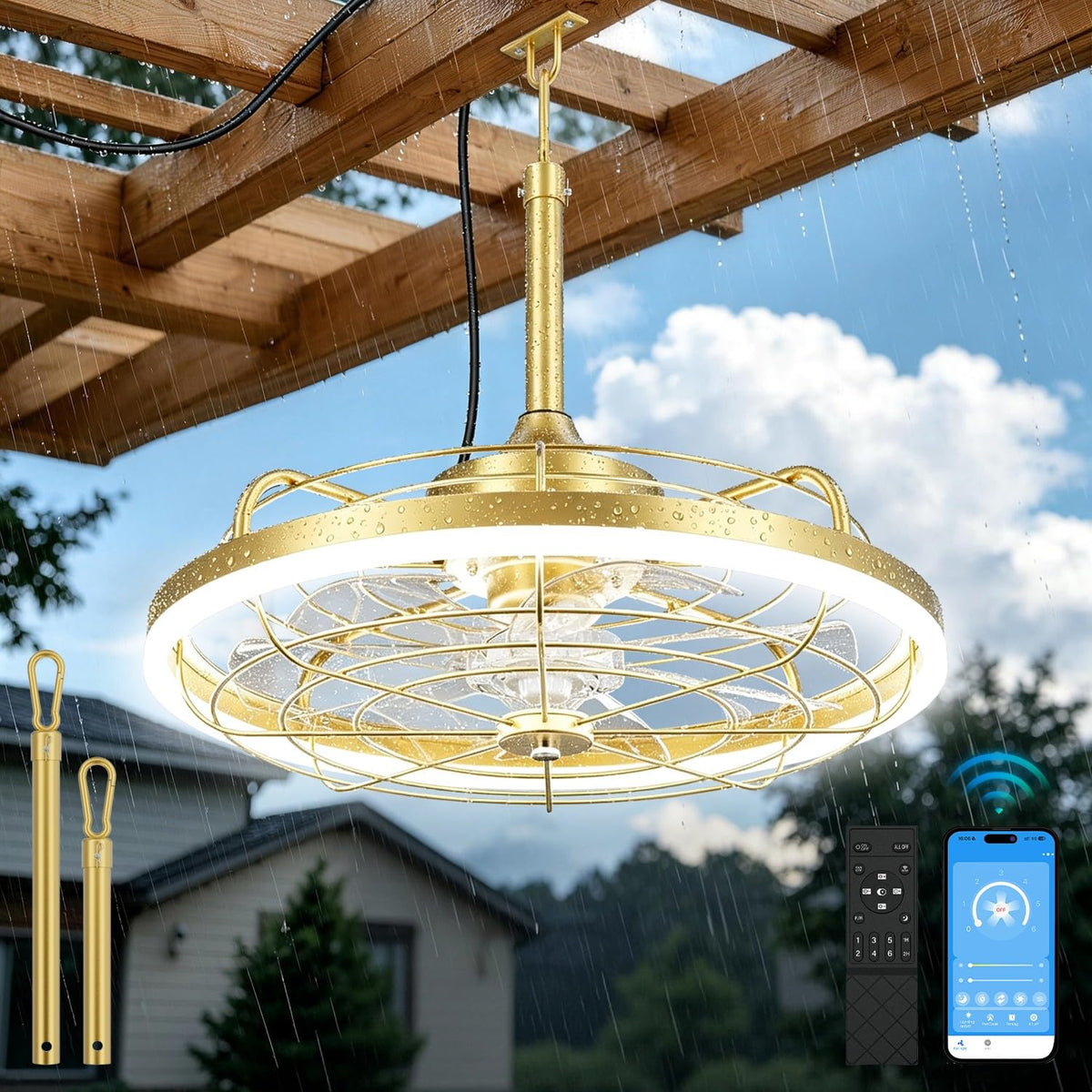 20" Gold Outdoor Ceiling Fan with Light T289