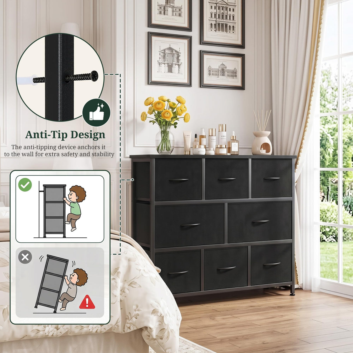 8 Drawer Fabric Dresser with Wood Top M11379