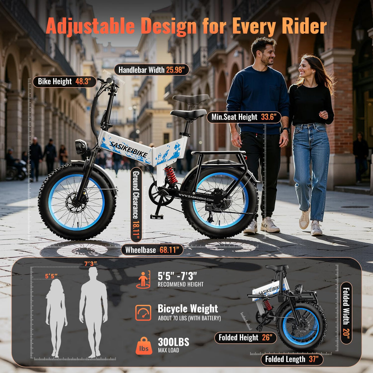 Foldable Electric Bike 1500W 52V 20Ah 20" Fat Tire Full Suspension P2238