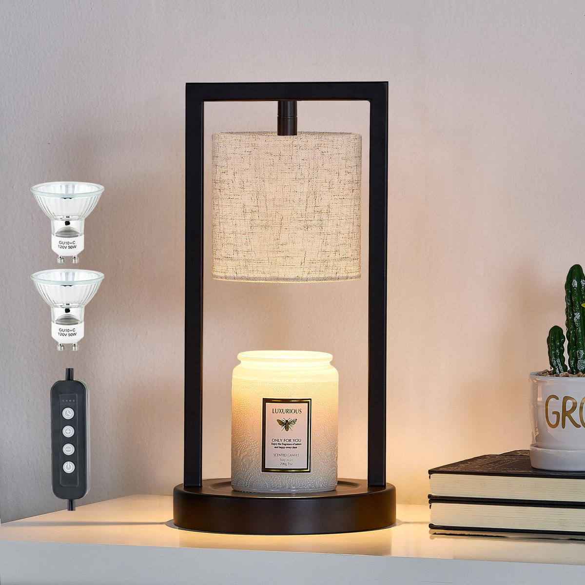 Black Candle Warmer Lamp with Timer, Linen Fabric Shade, 3-Level Dimmable A732632