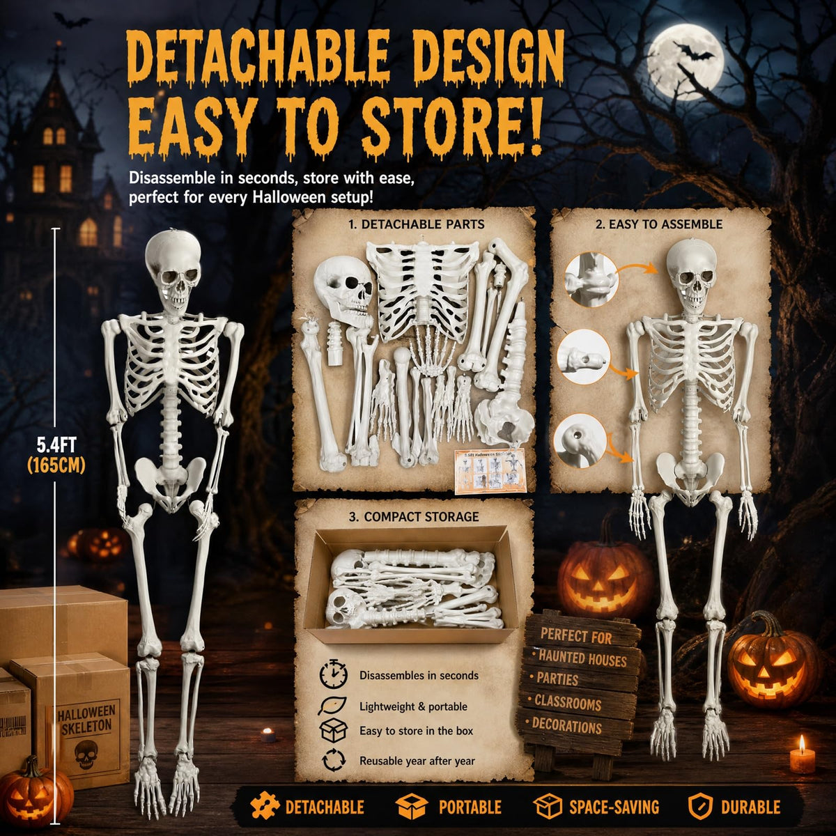 5.4FT Halloween Skeleton with Movable Joints W931135