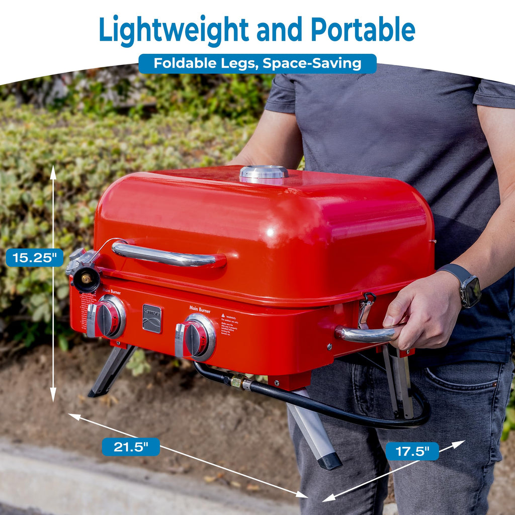 Portable Propane Gas Grill with Warming Rack, 2 Stainless Steel Burners, 14,000 BTUs, Red H5548