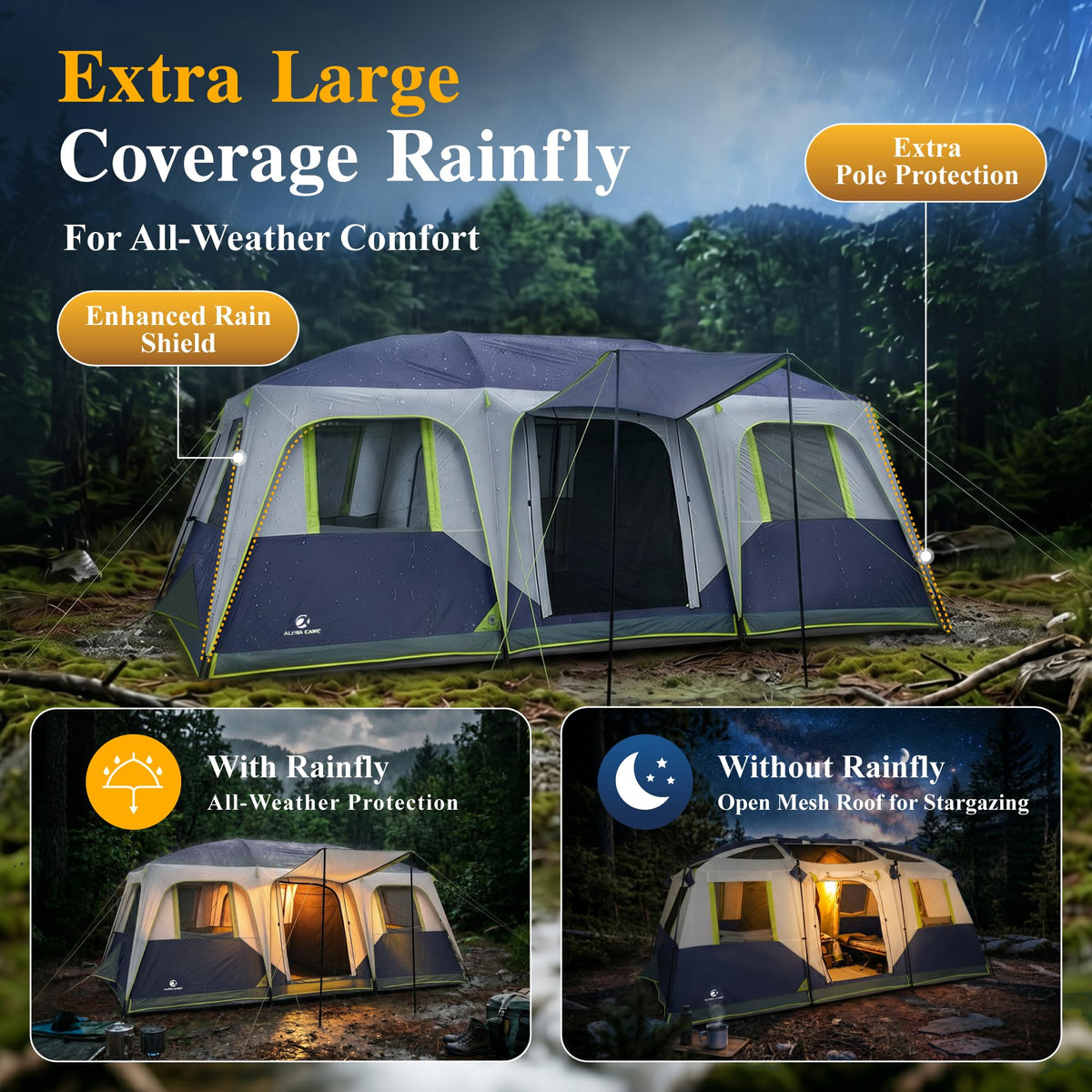 12 Person 3 Room Camping Tent with Rainfly M386