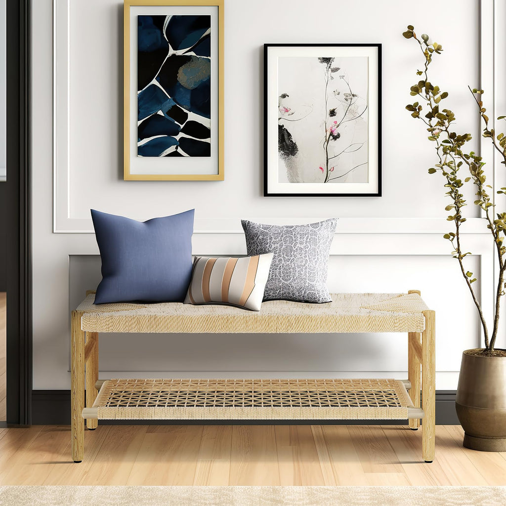 Indoor Entryway Bench with Storage Rack and Rubber Wood Legs D28794