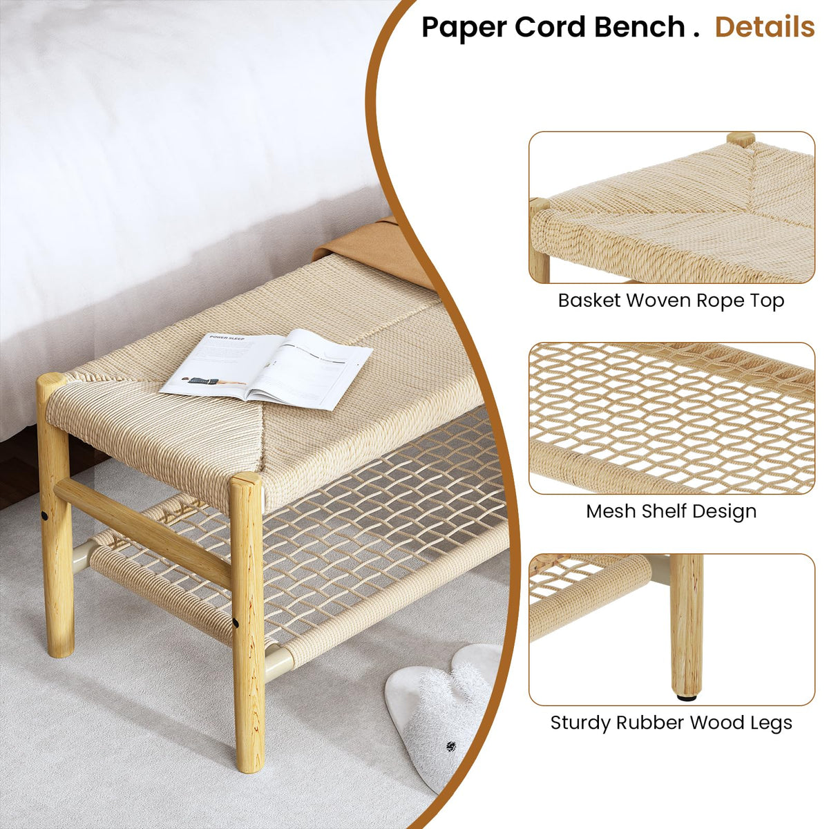 Indoor Entryway Bench with Storage Rack and Rubber Wood Legs D28794