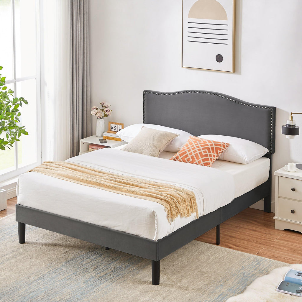 Full Bed Frame with Upholstered Headboard and Wooden Slats, Dark Grey B50886