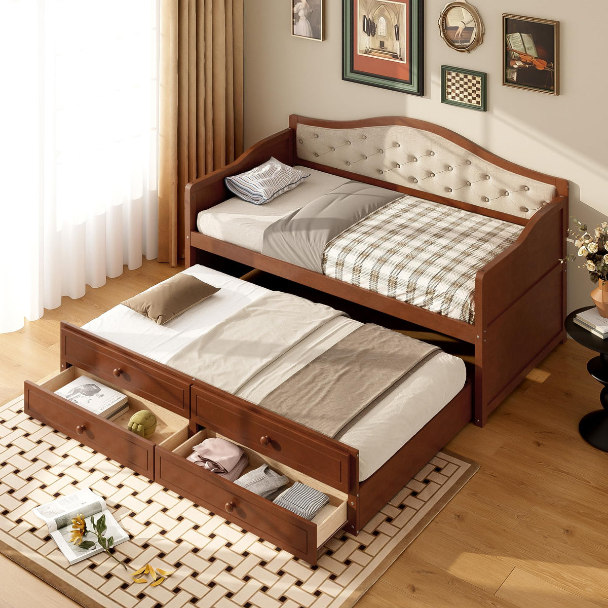 Twin Size Wooden Daybed with Trundle & Storage Drawers U19792