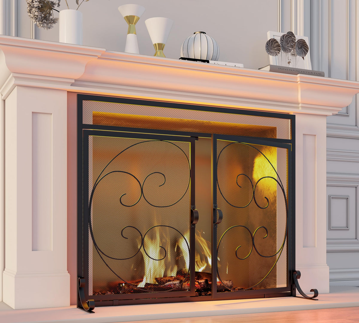 Wrought Iron Fireplace Screen with Magnetic Double Doors Black G590793