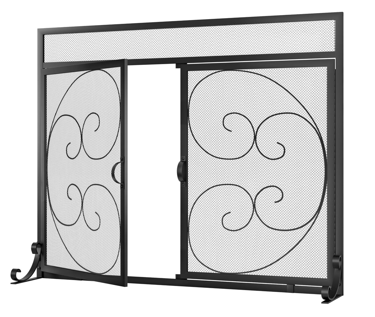 Wrought Iron Fireplace Screen with Magnetic Double Doors Black G590793