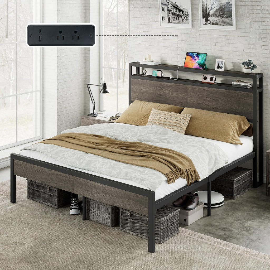 Full Size Metal Bed Frame with Charging Station U345