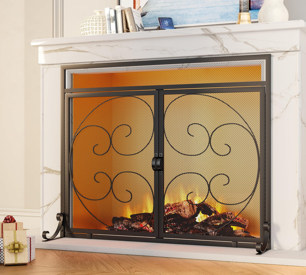 Wrought Iron Fireplace Screen with Magnetic Double Doors Black G590793