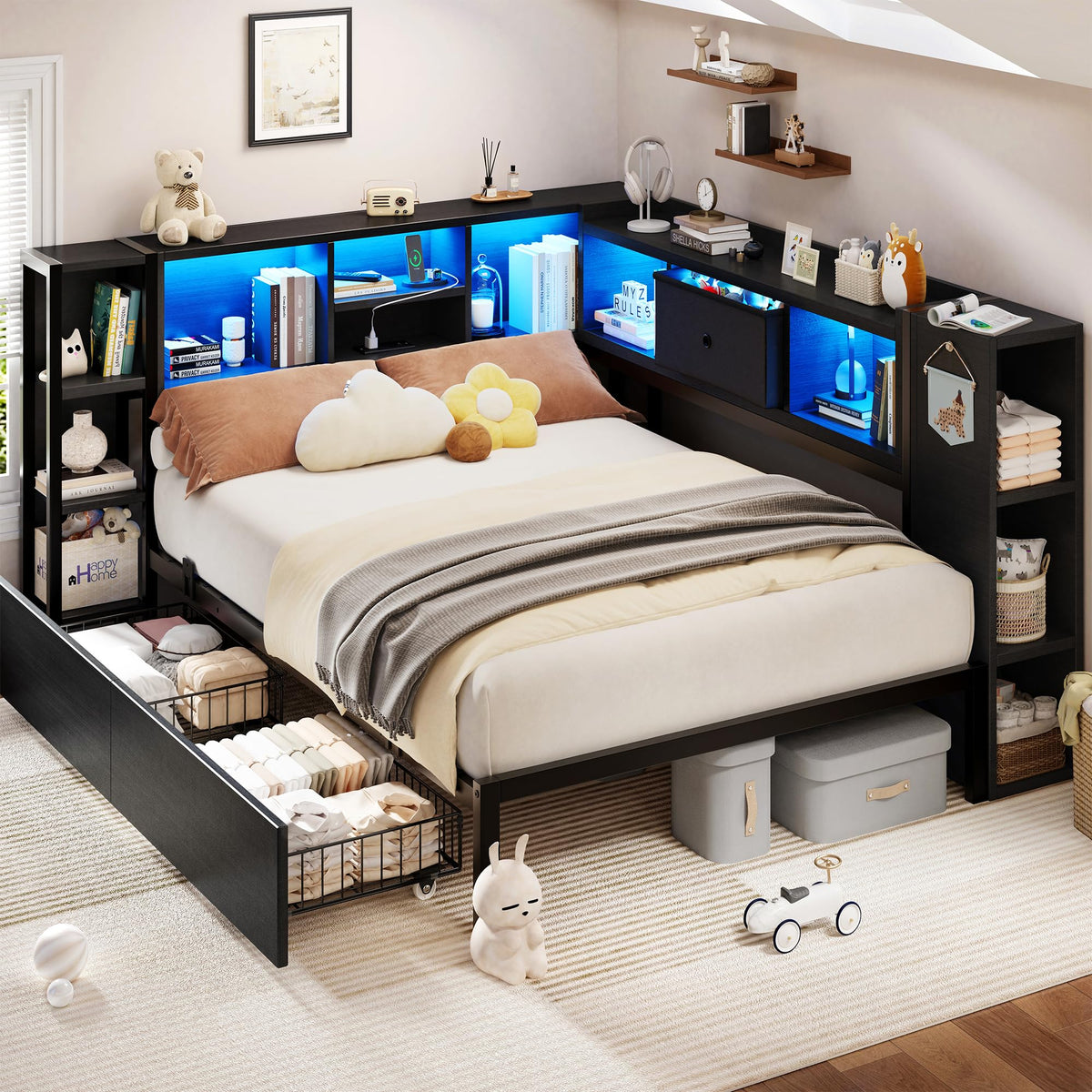 Twin Size Corner Bed Frame with Storage Drawers and Bookcase Headboard V845
