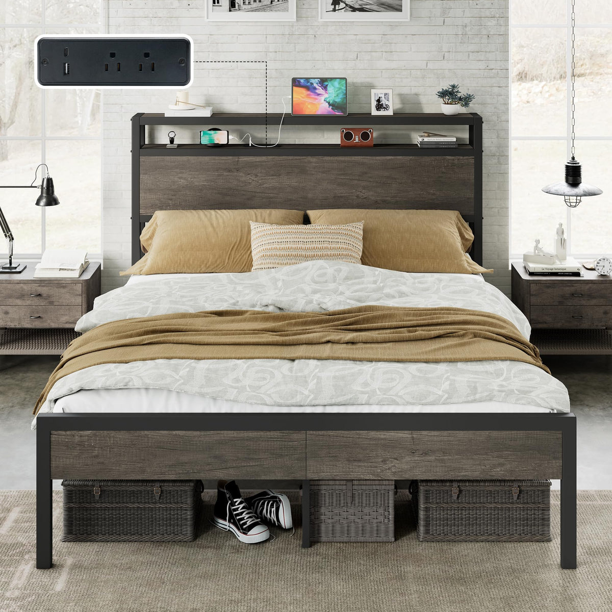 Full Size Metal Bed Frame with Charging Station U345