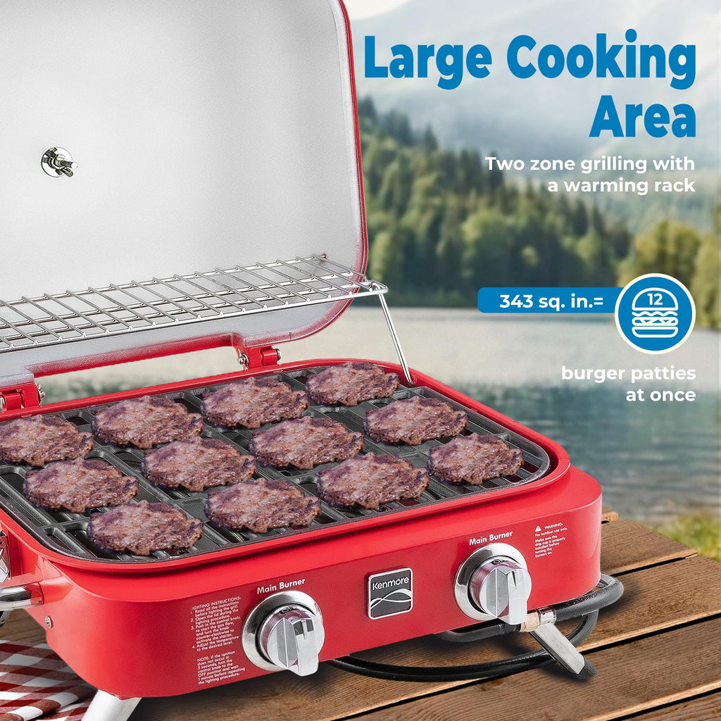 Portable Propane Gas Grill with Warming Rack, 2 Stainless Steel Burners, 14,000 BTUs, Red H5548