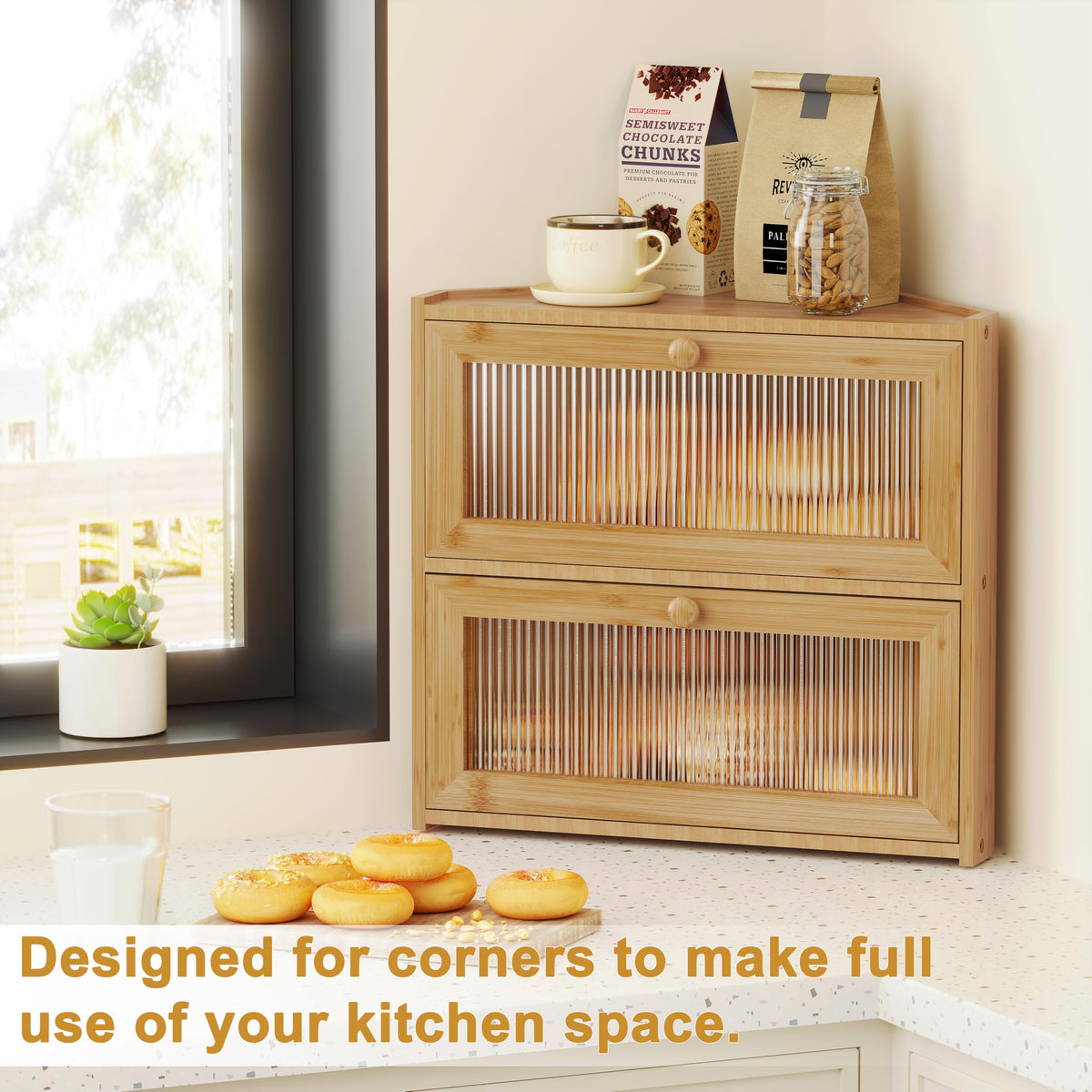 Double Layer Bamboo Bread Box with Wavy Windows A4704