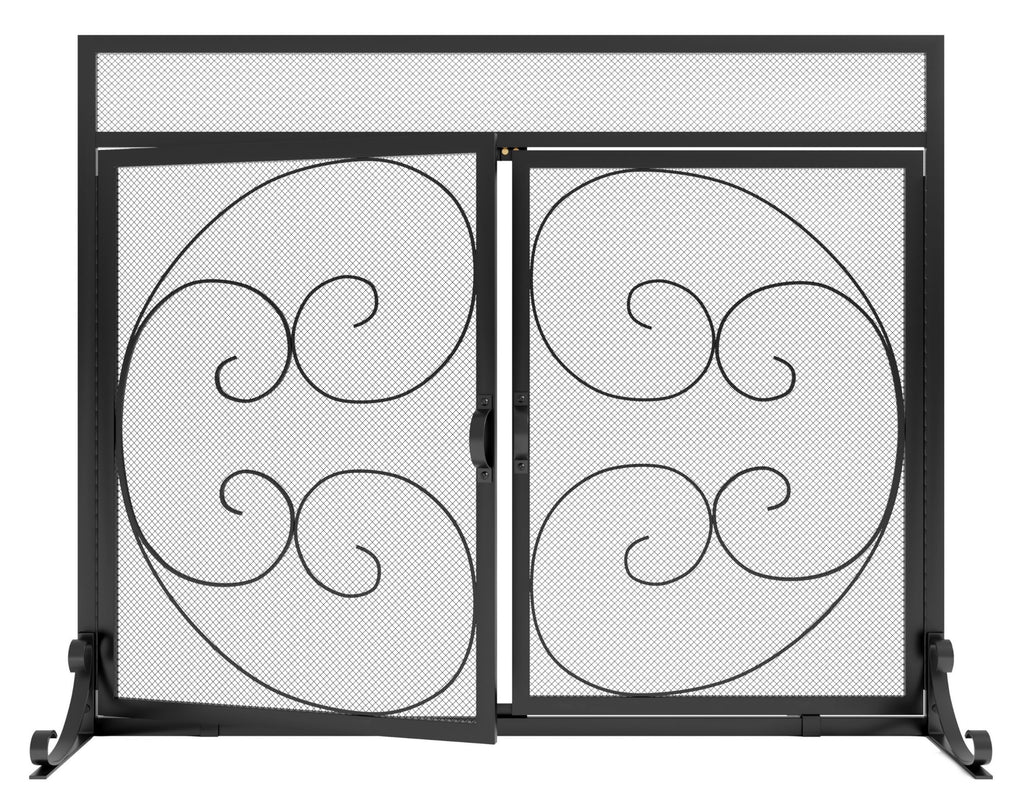Wrought Iron Fireplace Screen with Magnetic Double Doors Black G590793