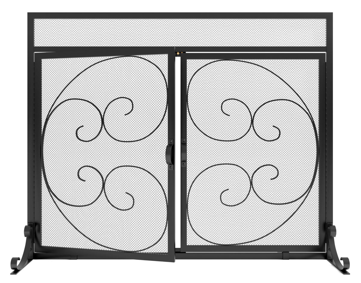 Wrought Iron Fireplace Screen with Magnetic Double Doors Black G590793