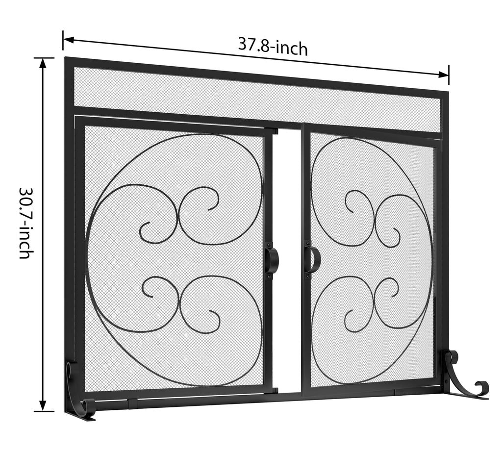 Wrought Iron Fireplace Screen with Magnetic Double Doors Black G590793