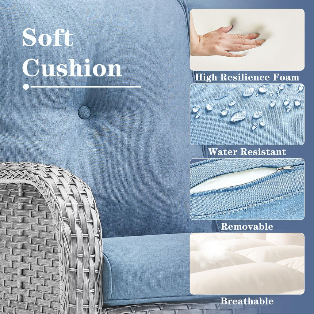 Light Gray Baby Blue Wicker 3-Seat Outdoor Sofa A63518