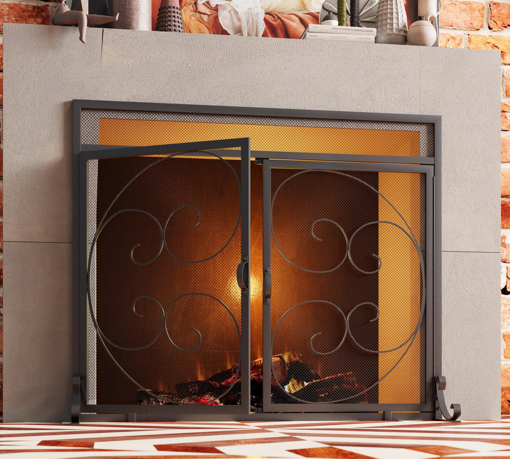 Wrought Iron Fireplace Screen with Magnetic Double Doors Black G590793